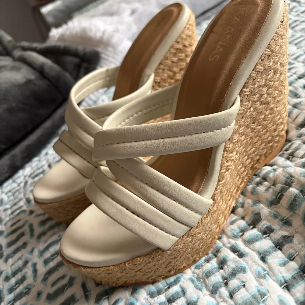 Kaanas Cream Woven Espadrille Wedge Sandals